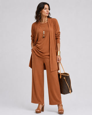 Women's Loungewear Set Modern Wide Leg Three-Piece Cardigan Top and Pants Soft Fabric Relaxed Fit