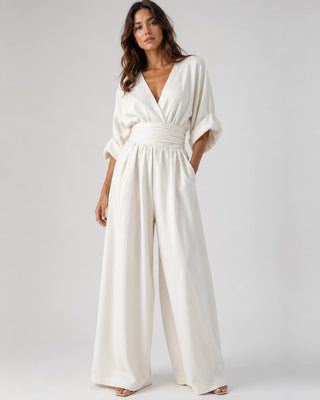 Black Maxi Jumpsuit Women's V-Neck Wrap Design Comfortable Wide-Leg Fit for Casual or Dressy Occasions