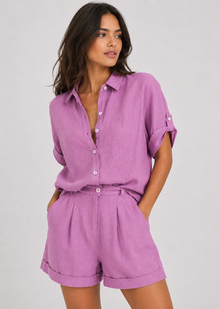 Women's Casual Button-Down Shirt and Shorts Set Relaxed Fit Mid-Thigh Soft Fabric