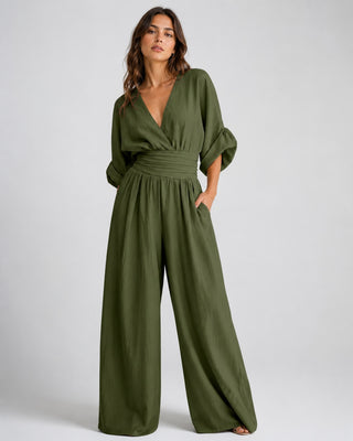 Black Maxi Jumpsuit Women's V-Neck Wrap Design Comfortable Wide-Leg Fit for Casual or Dressy Occasions