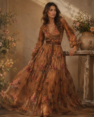 Boho Floral Maxi Dress with Long Sleeves in Lightweight Fabric and Pleated Skirt for Women