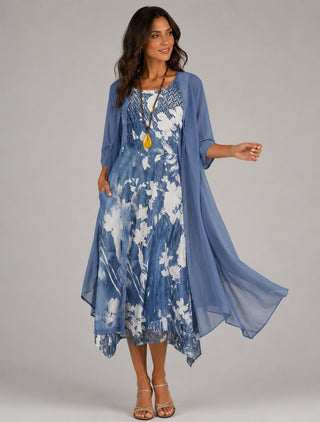 Floral Midi Dress Set with Open Cardigan Lightweight Relaxed Fit Layered Design for Women
