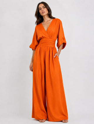 Black Maxi Jumpsuit Women's V-Neck Wrap Design Comfortable Wide-Leg Fit for Casual or Dressy Occasions