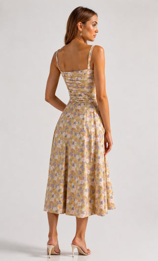 Floral Summer Dress Midi Length Fitted Bodice Sweetheart Neckline with Side Slit for Wedding Guests