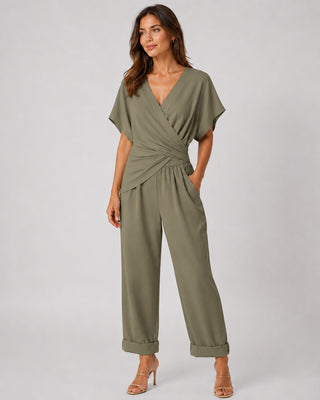 Modern Wrap Jumpsuit Set V-Neck Short Sleeve Adjustable Waist Soft Fabric Relaxed Fit Neutral Tone