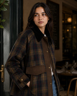 Plaid Women's Jacket with Faux Fur Collar Relaxed Fit Button Closure and Patch Pockets for Winter Coats Women