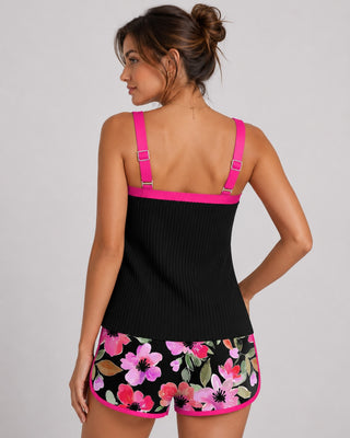 Modern Tummy Control Tankini Set with Ribbed Top and Floral Patterned Shorts for Women