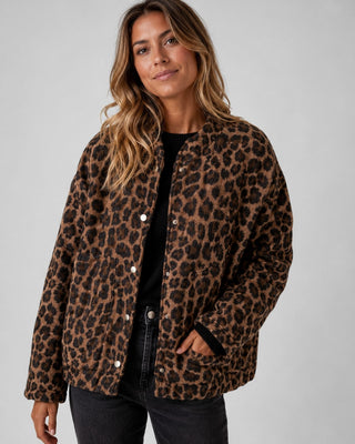 Leopard Print Bomber Jacket Women Oversized Button Front Casual Layering Outerwear
