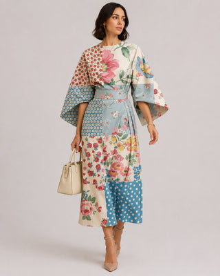 Floral Midi Dress for Women with Kimono Sleeves Adjustable Tie Belt Calf Length Summer Style