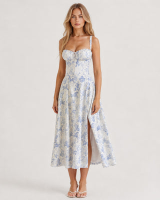 Floral Summer Dress Midi Length Fitted Bodice Sweetheart Neckline with Side Slit for Wedding Guests