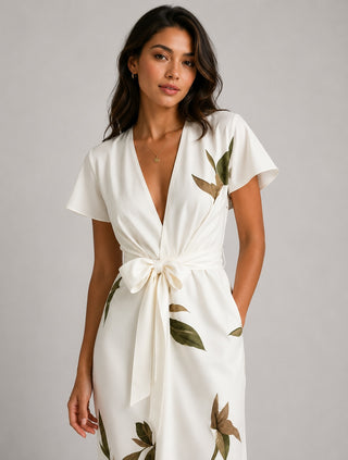 Floral Midi Womens Dress Wrap Style Deep V-Neck Short Flutter Sleeves Adjustable Fit