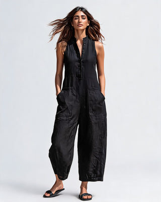 Black Wide Leg Jumpsuit Women with Button Front Closure and Practical Patch Pockets
