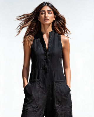 Black Wide Leg Jumpsuit Women with Button Front Closure and Practical Patch Pockets