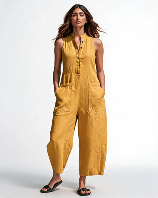 Black Wide Leg Jumpsuit Women with Button Front Closure and Practical Patch Pockets