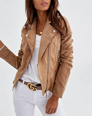 Cropped Suede Moto Jacket for Women with Angled Zipper and Button Details