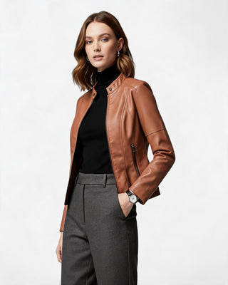Modern Cropped Jacket Zip-Up Leather Fitted Waist Genuine Leather Stylish Layering Piece