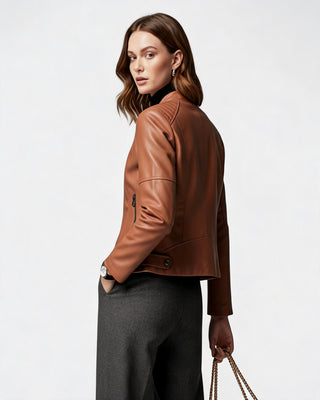 Modern Cropped Jacket Zip-Up Leather Fitted Waist Genuine Leather Stylish Layering Piece