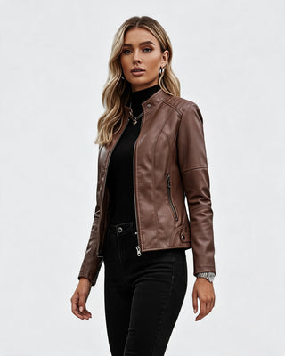 Modern Cropped Jacket Zip-Up Leather Fitted Waist Genuine Leather Stylish Layering Piece