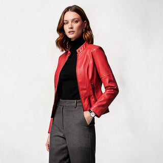 Modern Cropped Jacket Zip-Up Leather Fitted Waist Genuine Leather Stylish Layering Piece