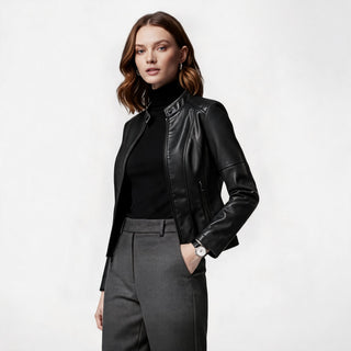 Modern Cropped Jacket Zip-Up Leather Fitted Waist Genuine Leather Stylish Layering Piece