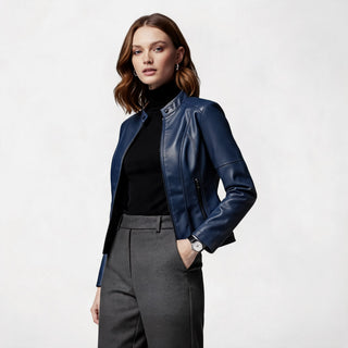 Modern Cropped Jacket Zip-Up Leather Fitted Waist Genuine Leather Stylish Layering Piece