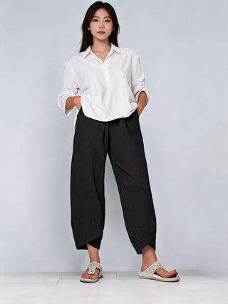 Modern Wide Leg Cropped Trousers for Women with Drawstring Waist and Relaxed Fit in High-Quality Fabric