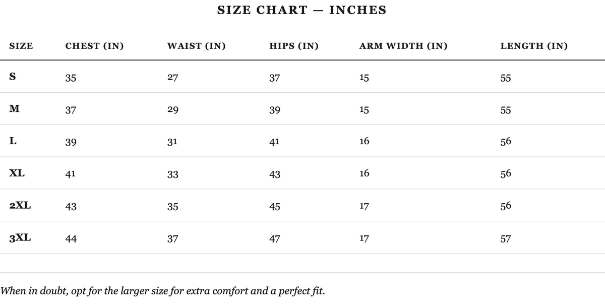 Size guide in inches
