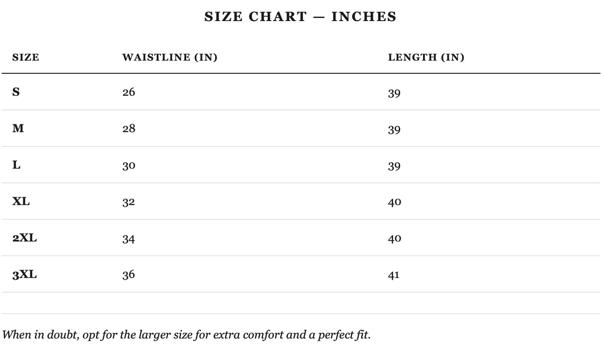 Size guide in inches