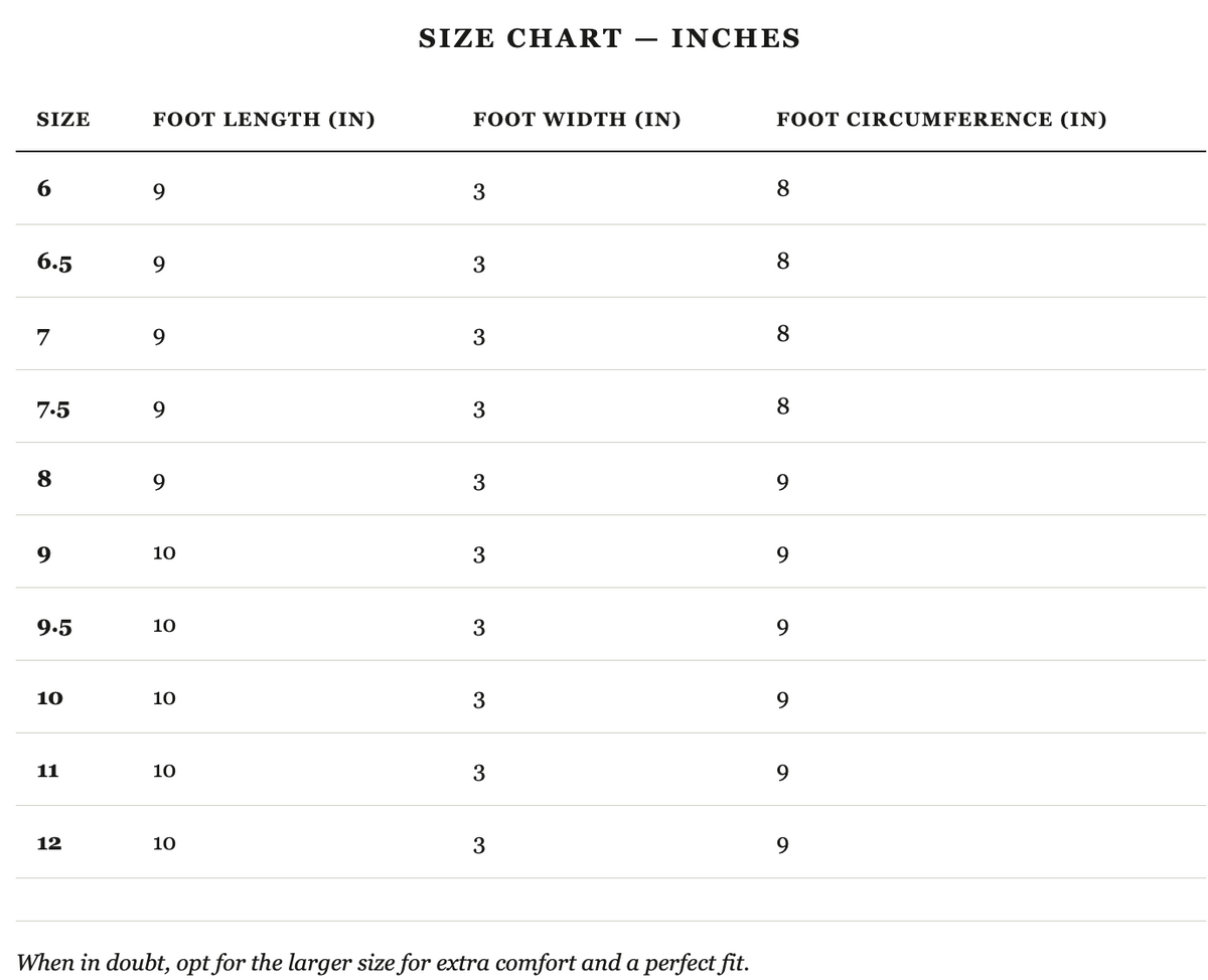 Size guide in inches