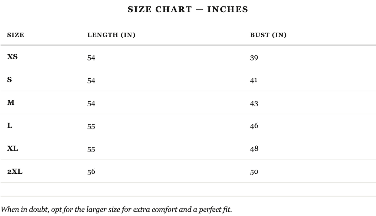 Size guide in inches