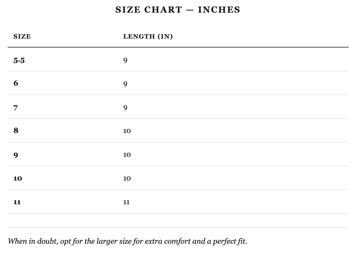 Size guide in inches