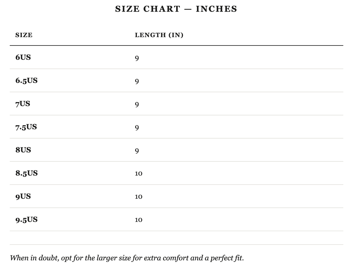 Size guide in inches