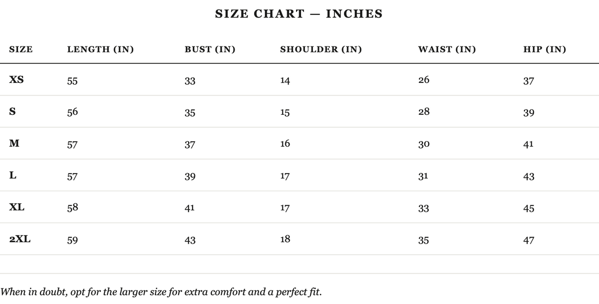 Size guide in inches