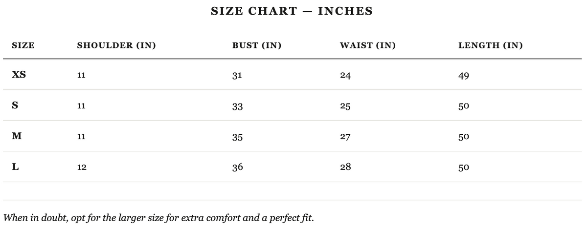 Size guide in inches