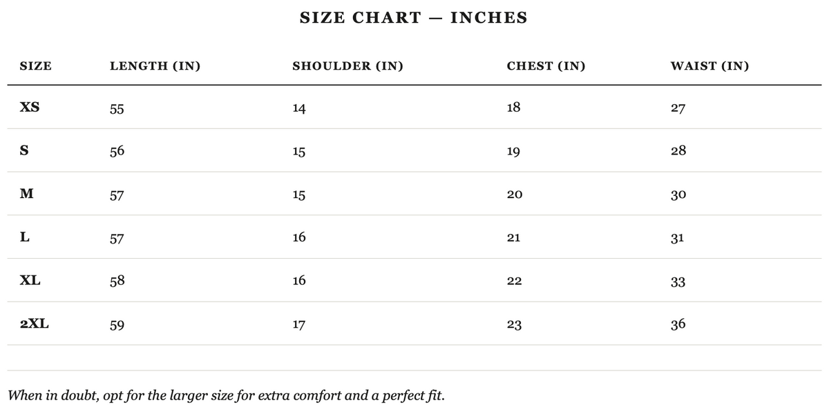 Size guide in inches
