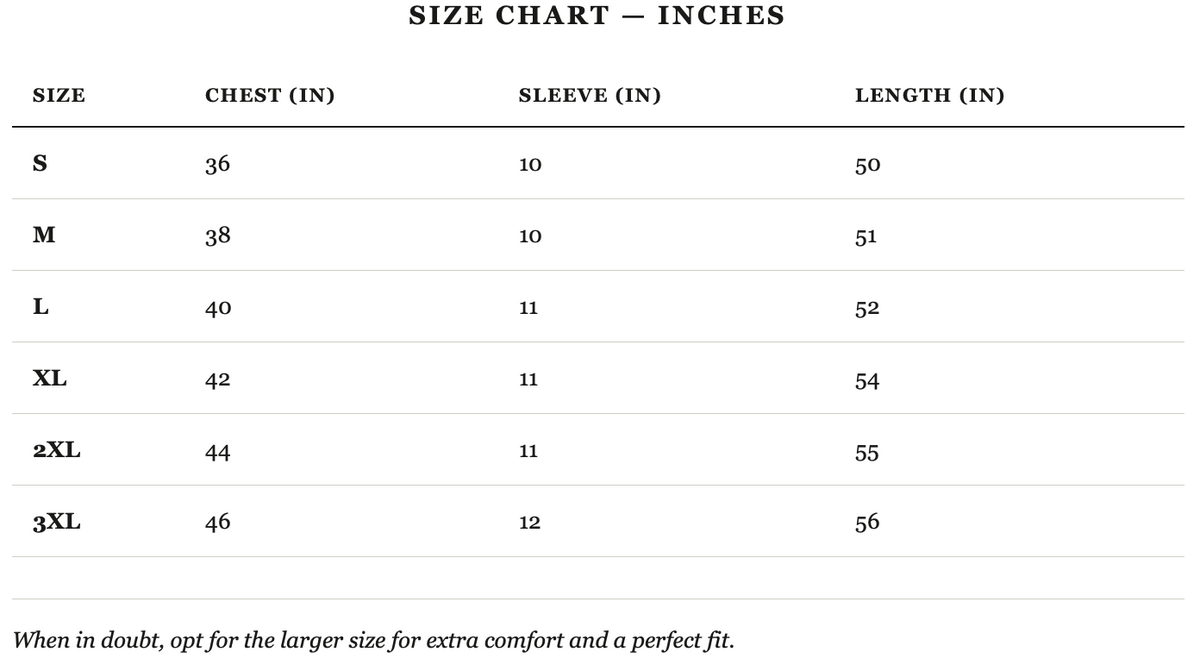 Size guide in inches