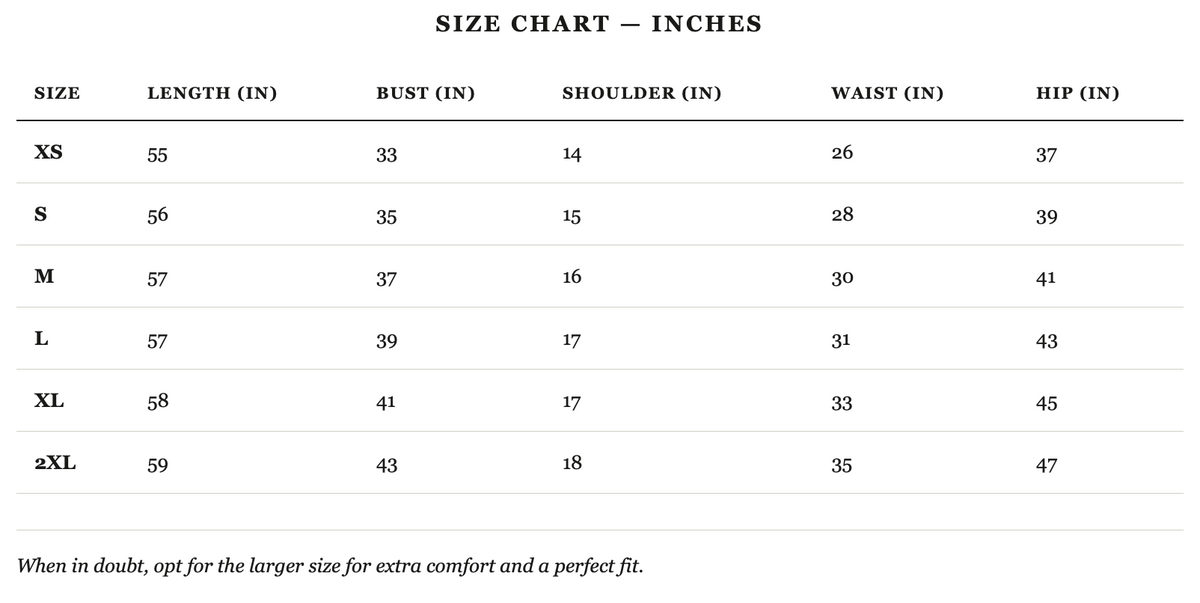 Size guide in inches