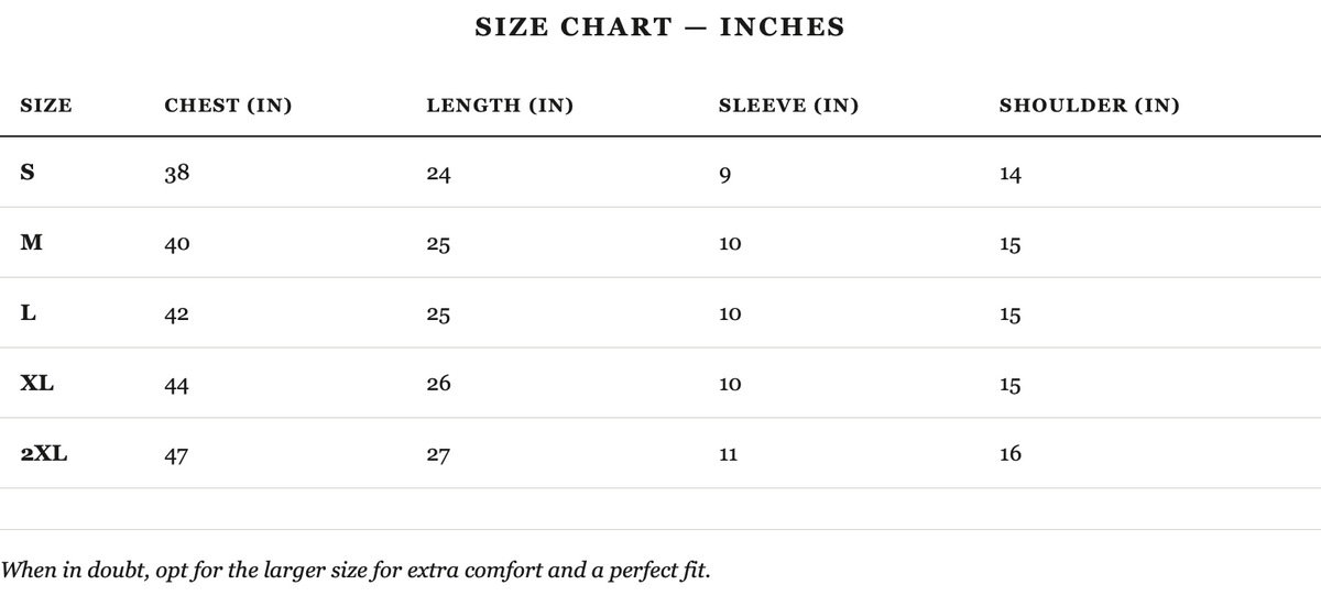 Size guide in inches