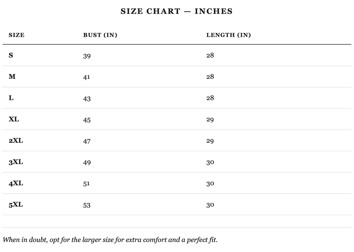 Size guide in inches