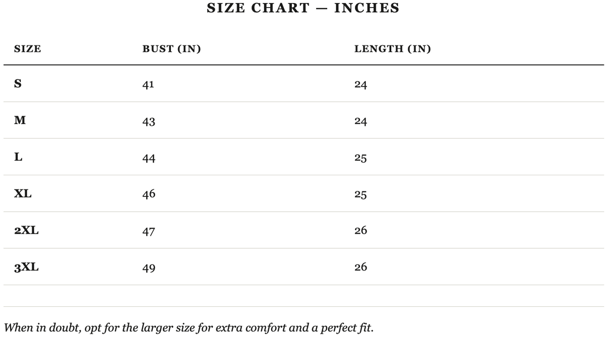 Size guide in inches