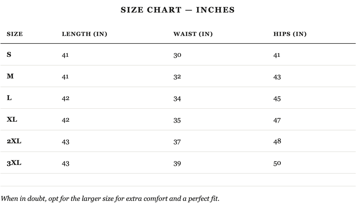 Size guide in inches