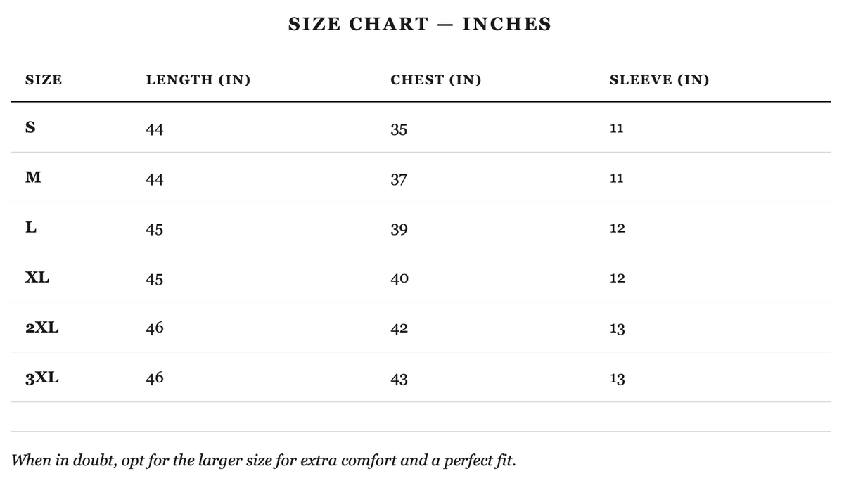 Size guide in inches