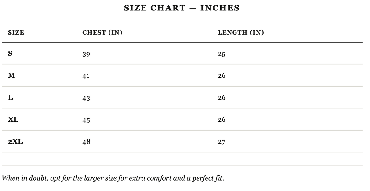 Size guide in inches