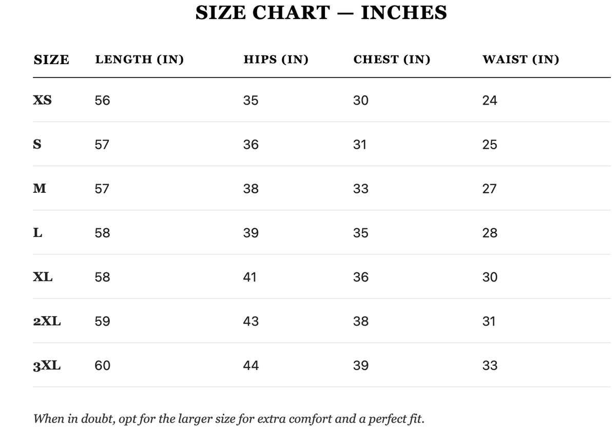 Size guide in inches
