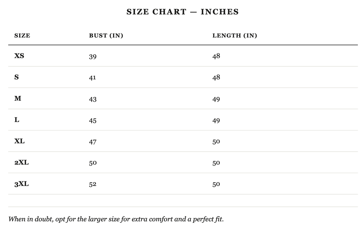Size guide in inches