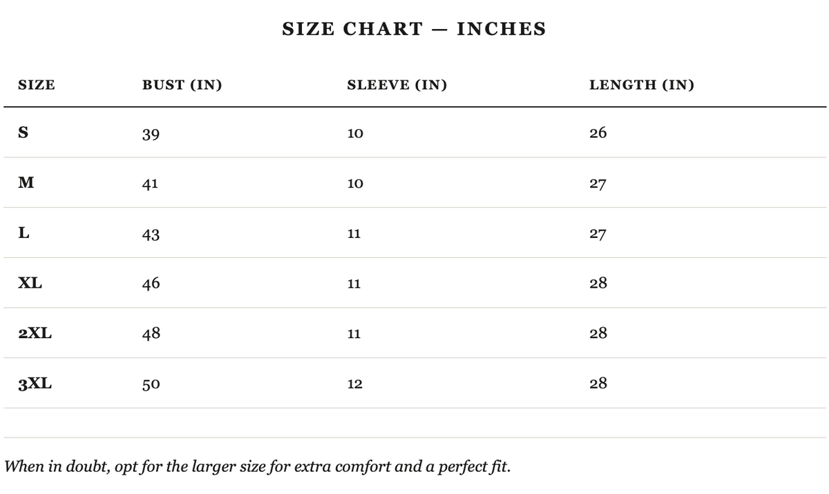 Size guide in inches
