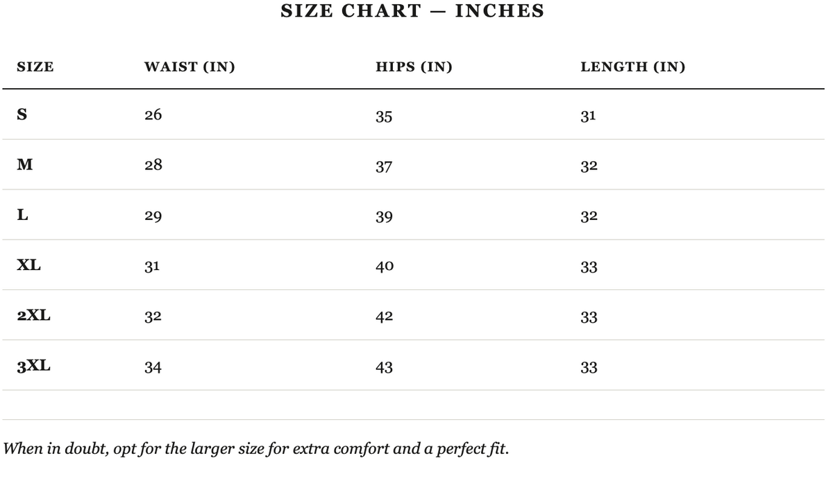 Size guide in inches