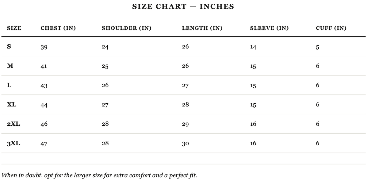 Size guide in inches