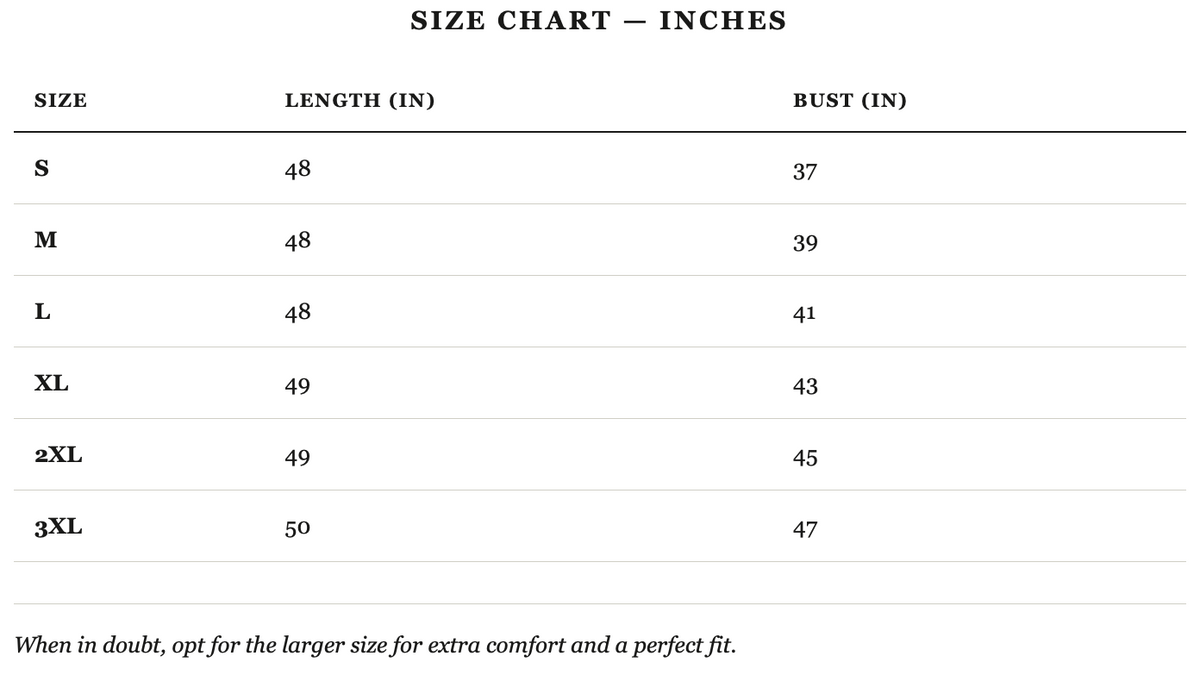 Size guide in inches