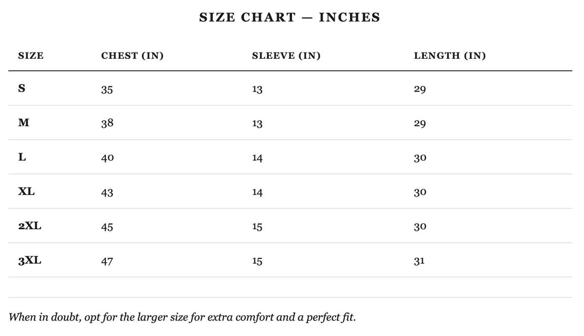 Size guide in inches